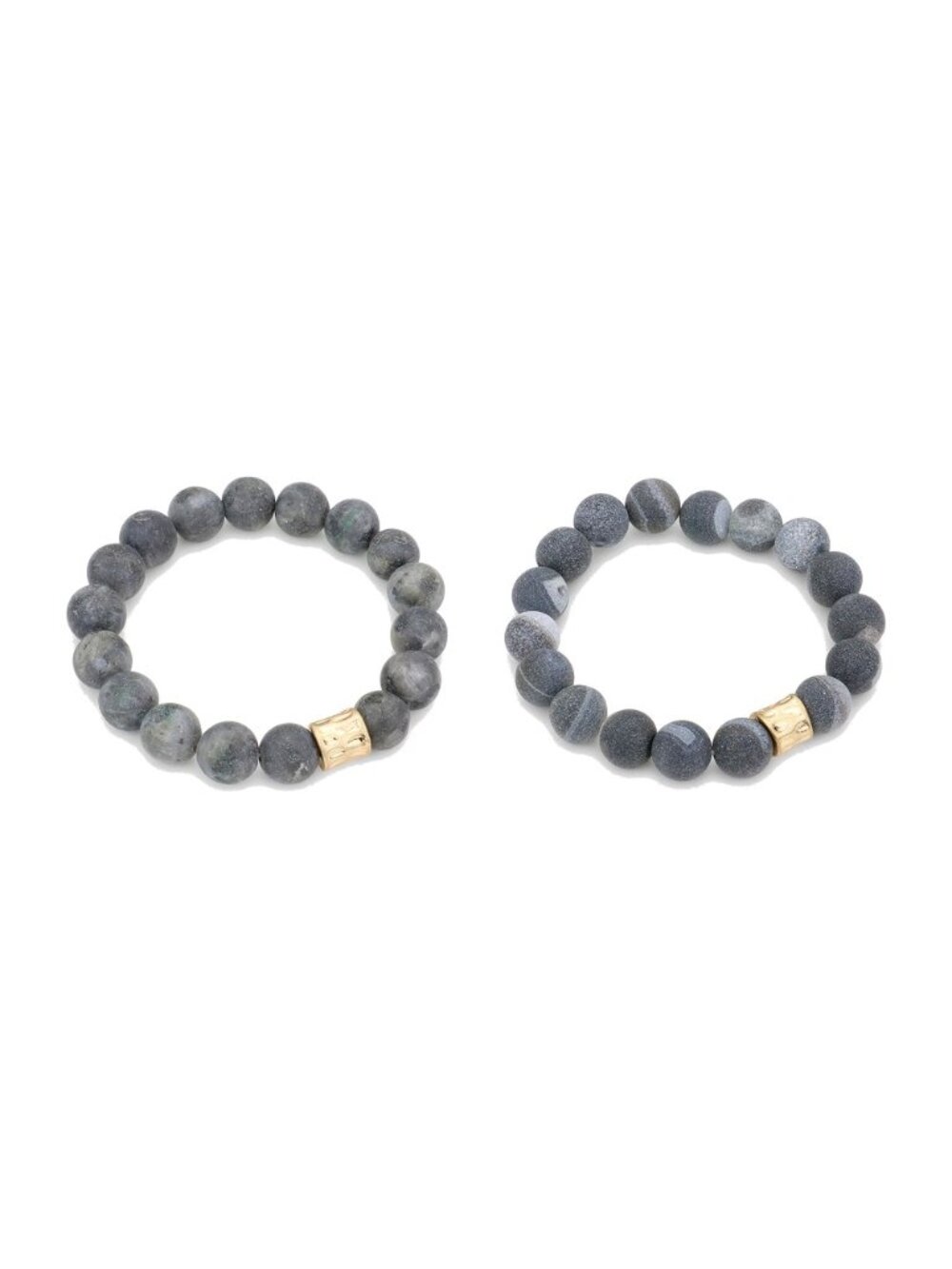 2 Bracelet Set - Larvikite and Gray River Pebble Stone Stretch Bracelets - Gray